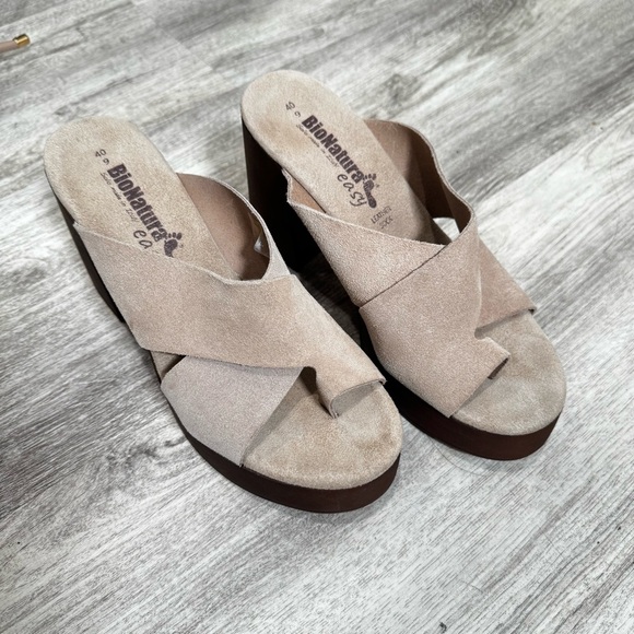 bio natural Shoes - Bio Natural’s Beige Suede Platform Slide Sandals – Women’s Size 9